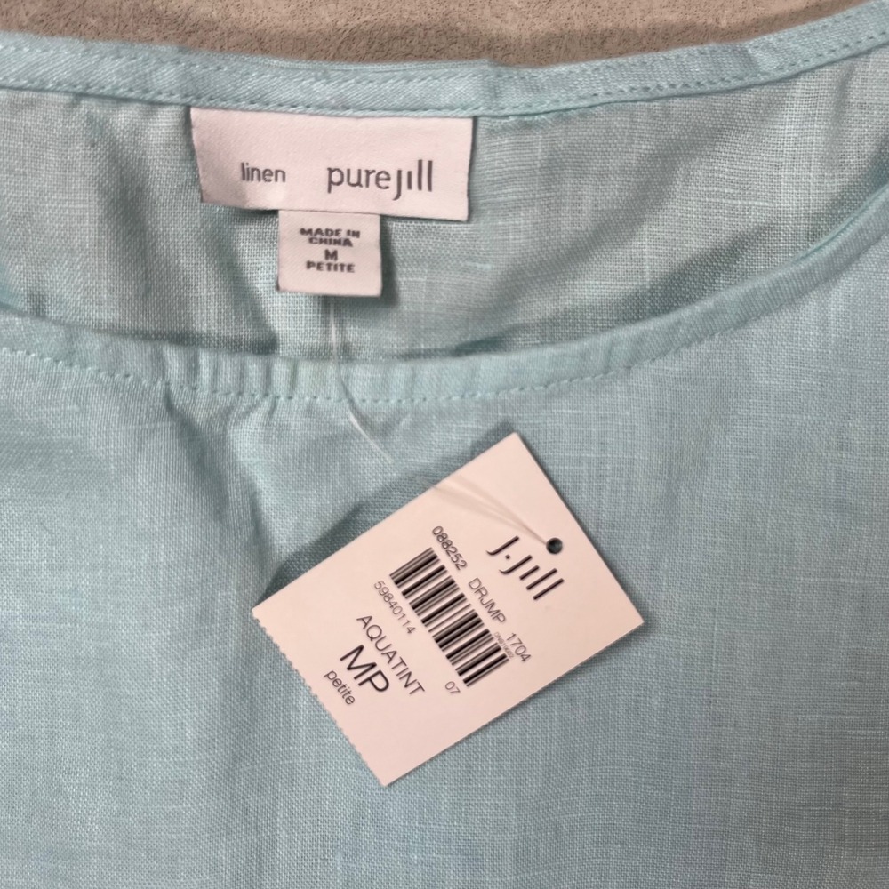 New Pure Jill Tunic Top Womens MP Aqua 100% Linen 3/4 Sleeve Pockets Boxy J Jill - Picture 3 of 7